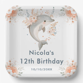 かわいい花柄のイルカの誕生日パーティー ペーパープレート