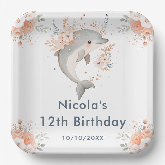 かわいい花柄のイルカの誕生日パーティー ペーパープレート (正面)