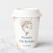 かわいい花柄のイルカの誕生日パーティー 紙コップ (裏面)