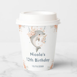 かわいい花柄のイルカの誕生日パーティー 紙コップ