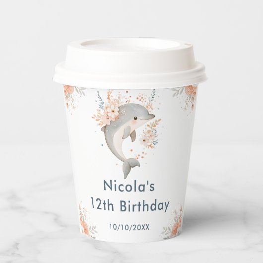 かわいい花柄のイルカの誕生日パーティー 紙コップ (正面)