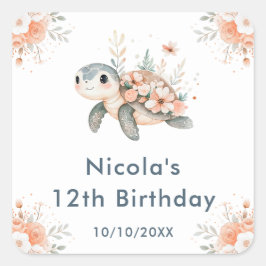 かわいい花柄のカメの誕生日パーティー スクエアシール