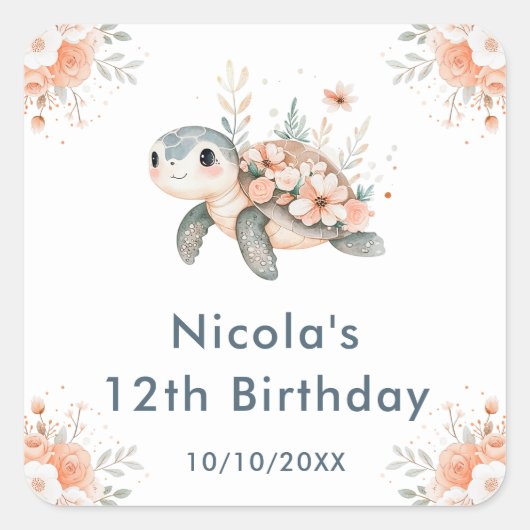 かわいい花柄のカメの誕生日パーティー スクエアシール (正面)