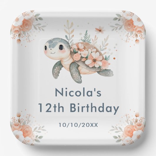 かわいい花柄のカメの誕生日パーティー ペーパープレート (正面)