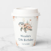 かわいい花柄のカメの誕生日パーティー 紙コップ (裏面)