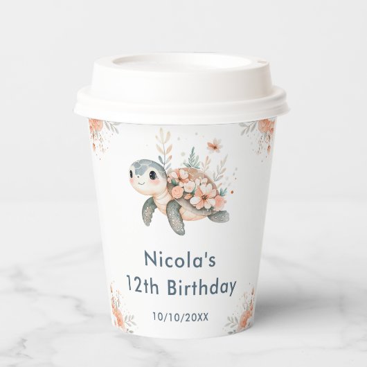 かわいい花柄のカメの誕生日パーティー 紙コップ (正面)