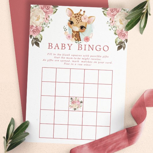 かわいい花柄のキリン ベビーシャワービンゴゲーム 招待状