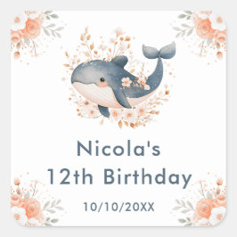 かわいい花柄のクジラの誕生日パーティー スクエアシール