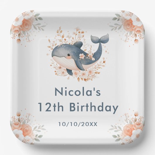 かわいい花柄のクジラの誕生日パーティー ペーパープレート (正面)
