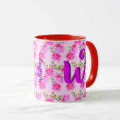 かわいい花柄のコーヒーマグカップ、美しいピンクの花 マグカップ (正面右)