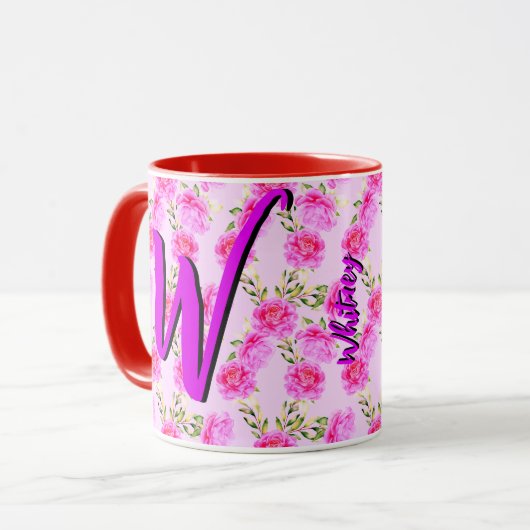 かわいい花柄のコーヒーマグカップ、美しいピンクの花 マグカップ (正面左)