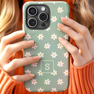 かわいい花柄のセージグリーンのリリー模様のモノグラム iPhone 15ケース