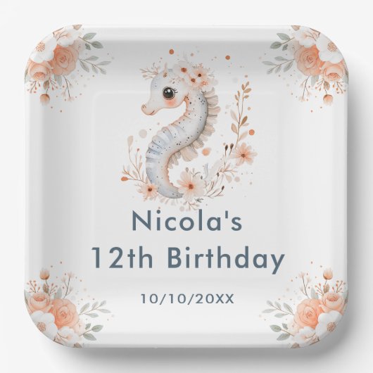かわいい花柄のタツノオトシゴの誕生日パーティー ペーパープレート (正面)