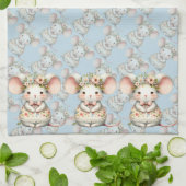 かわいい花柄のネズミのドレスと花冠 キッチンタオル (折り畳み)