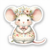 かわいい花柄のネズミのドレス 花冠 シール (正面)