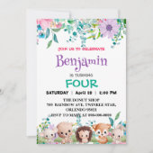 かわいい花柄の動物園ジャングル動物の誕生日ガールズ子供 招待状 (正面)