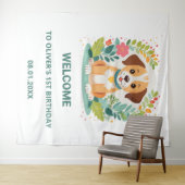 かわいい花柄の犬の子犬の赤ちゃん男の子の誕生日ウェルカム タペストリー (インサイチュ(横))