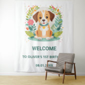 かわいい花柄の犬の子犬の赤ちゃん男の子の誕生日ウェルカム タペストリー (インサイチュ)