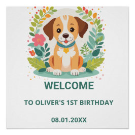 かわいい花柄の犬の子犬の赤ちゃん男の子の誕生日ウェルカム ポスター