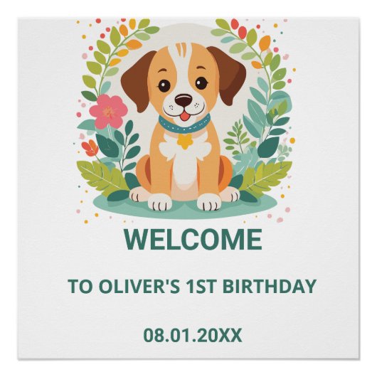 かわいい花柄の犬の子犬の赤ちゃん男の子の誕生日ウェルカム ポスター (正面)