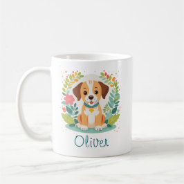 かわいい花柄の犬の子犬 コーヒーマグカップ
