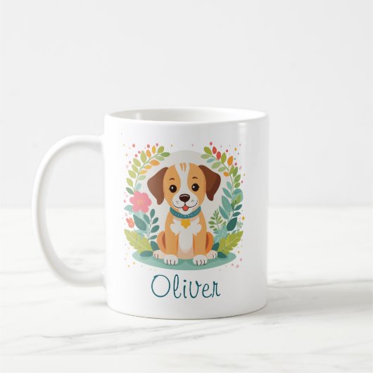かわいい花柄の犬の子犬 コーヒーマグカップ (左)