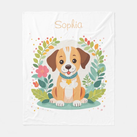 かわいい花柄の犬の子犬 フリースブランケット (正面)