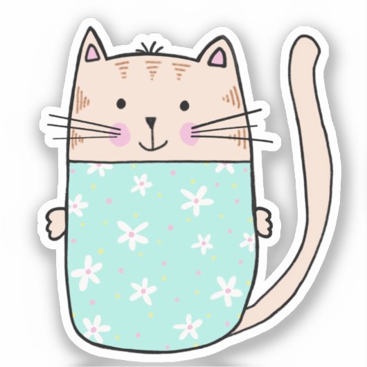 かわいい花柄の猫のイラスト シール (正面)
