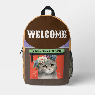 かわいい花柄の猫のバックパック、カスタマイズ可能な猫好きの学生用 プリントバックパック