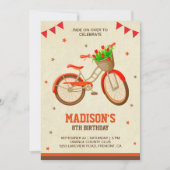 かわいい花柄の自転車の女の子の誕生日パーティー 招待状 (正面)