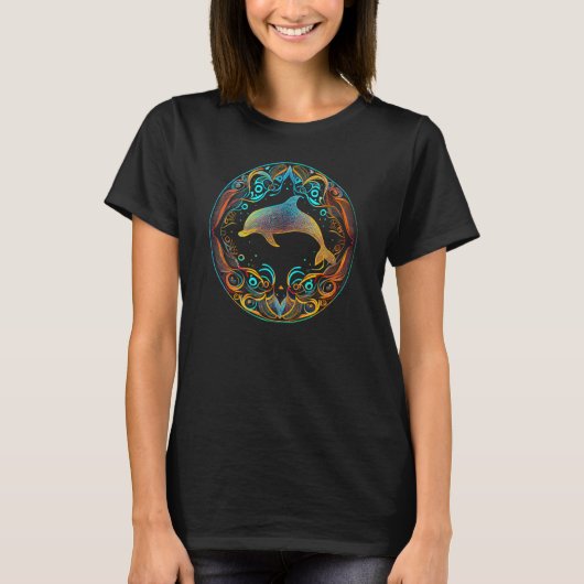 かわいい花柄の魚カラフルな曼荼羅模様 - ドルフィン Tシャツ (正面)