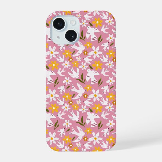 かわいい花柄の鳥のシームレスパターン iPhone 15ケース (裏面)