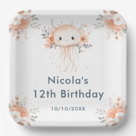 かわいい花柄クラゲの誕生日パーティー ペーパープレート