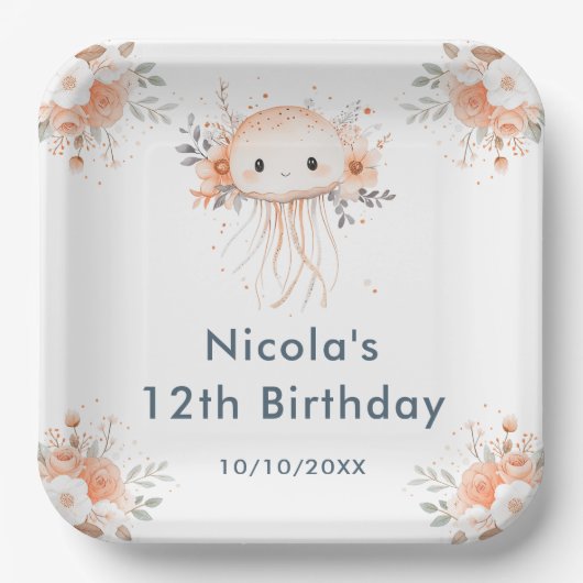 かわいい花柄クラゲの誕生日パーティー ペーパープレート (正面)