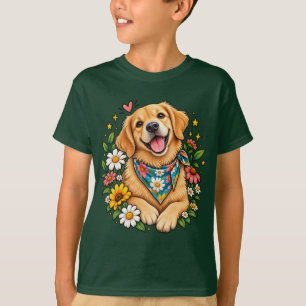 かわいい花柄ゴールデンレトリバーのデジタルデザインS Tシャツ