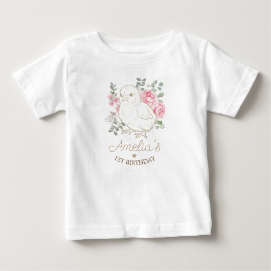 かわいい花柄ゴールドひよこ 誕生日 ベビーTシャツ (正面)