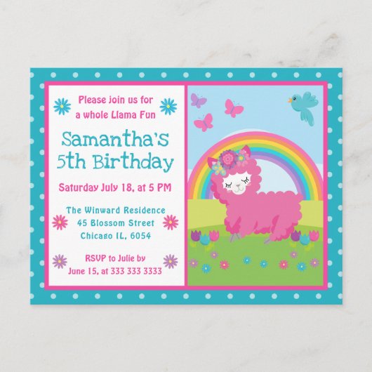 かわいい花柄ピンク虹ラマ誕生日 ポストカード (正面)