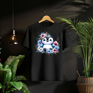 かわいい花柄ペンギンのパステルイラストTシャツ トドラーTシャツ