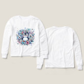 かわいい花柄ペンギンの冬のイラストTシャツ (デザイン 正面＆背面)