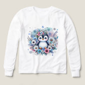 かわいい花柄ペンギンの冬のイラストTシャツ (デザイン正面)