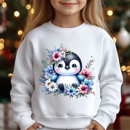かわいい花柄ペンギンの冬のイラストTシャツ