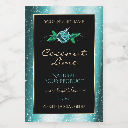 かわいい花柄 ティール ブラック 商品ラベル ソフト グリッター フードラベル (シングルラベル)