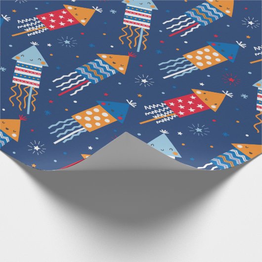 かわいい花火赤い青のオレンジ ラッピングペーパー (角)