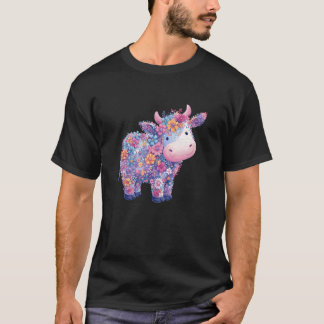 かわいい花牛カラフルフラワーパステルファーム Tシャツ
