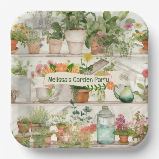 かわいい花瓶ガーデンプラントウォーターカラーパーティー ペーパープレート (正面)