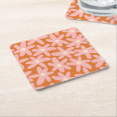 かわいい花花オレンジとピンク色の花柄 スクエアペーパーコースター (アングル)