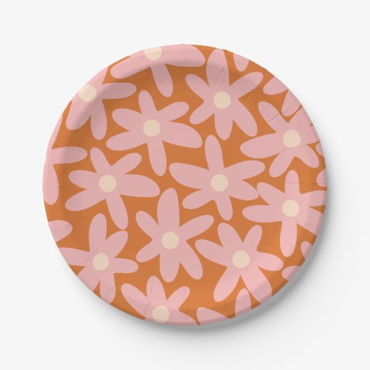 かわいい花花オレンジとピンク色の花柄 ペーパープレート (正面)