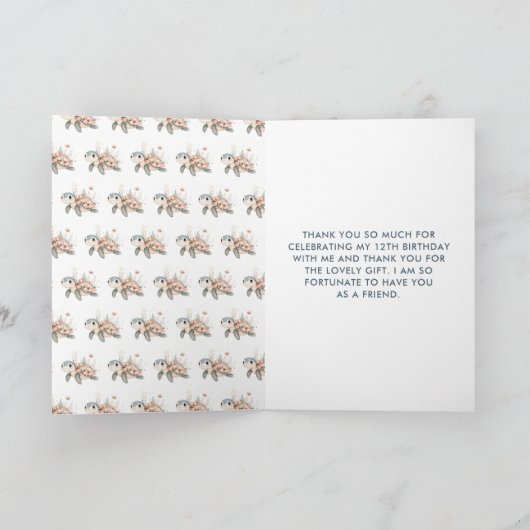 かわいい花飾りのカメの誕生日パーティー サンキューカード (内部)