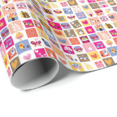 かわいい花，鳥，ハートの正方形のパターン ラッピングペーパー (ロールコーナー)