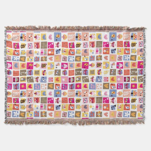 かわいい花、鳥、ハートはパターンを平方します スローブランケット (正面)